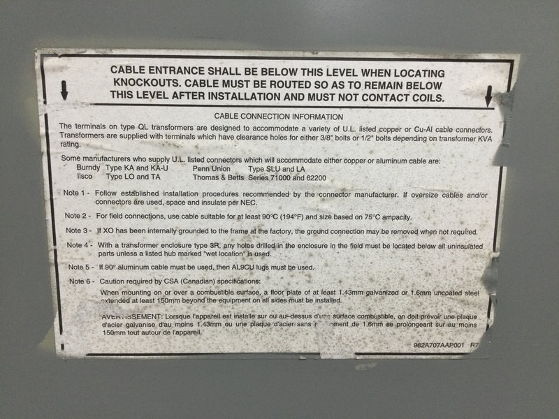 GE Transformer 9T23C9550G07 25 kVA, 60 Hz, 1 PH, 5.8% IMP, 50C Ambient, 140C Rise, 220C System Enclosure Type 2
