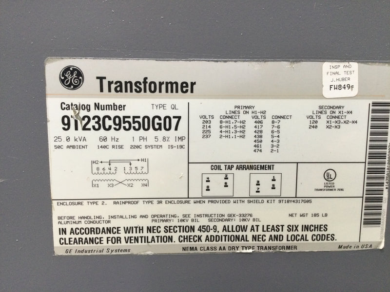 GE Transformer 9T23C9550G07 25 kVA, 60 Hz, 1 PH, 5.8% IMP, 50C Ambient, 140C Rise, 220C System Enclosure Type 2