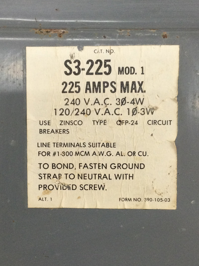 Zinsco S3-225 MOD. 1 Dead Front 240 Vac 3 Phase 4 Wire 120/240 Vac 1 Phase 3 Wire 18" X 9 3/4"