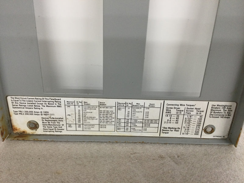 Westinghouse PRL1 Panelboard 5158C03G08 208Y/120V 225 Amp 3 Phase 4 Wire 25" x 9 5/8"