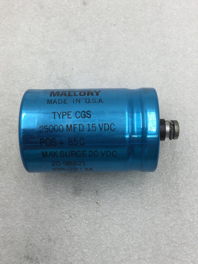Mallory 235-7813A Type CGS 25000MFD 20 VDC POS + 85C Computer Grade Capacitor