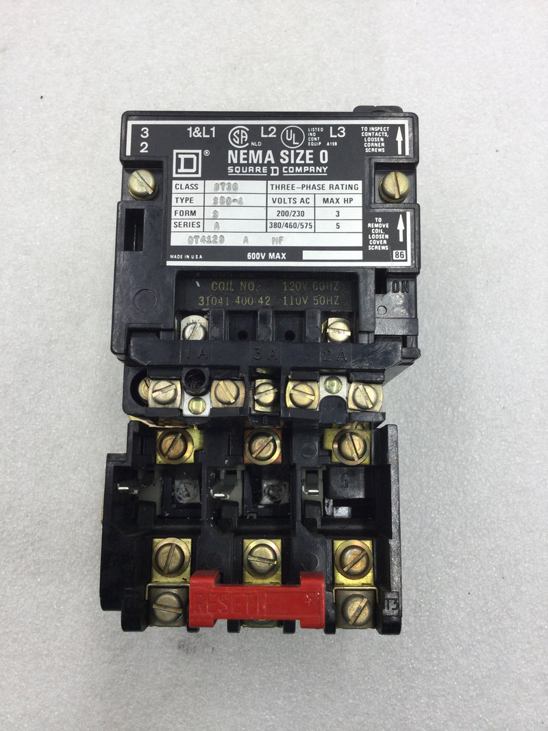Square D 8736 SBO4 Motor Starter/Contactor Series A 3 Phase 200-575 VAC 120 VAC Coil