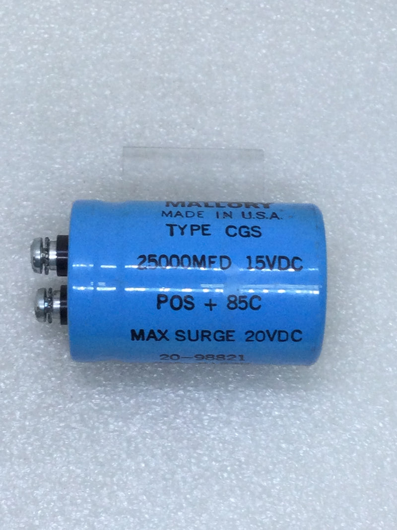 Mallory 235-8122K Type CGS 25000MFD 15 VDC POS + 85C Computer Grade Capacitor