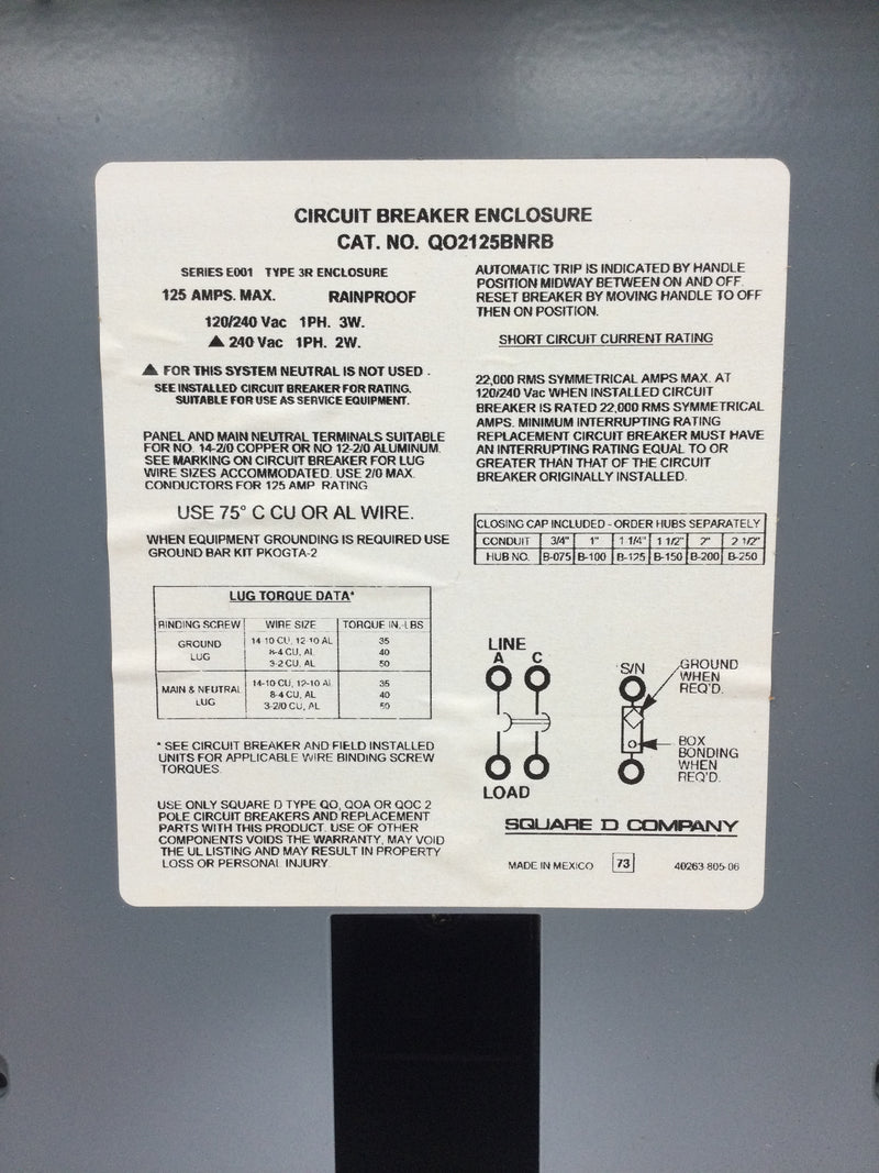 Square D QO2125BNRB 125 Amp 120/240V 1 Phase 2 Spaces Nema 3R Enclosure
