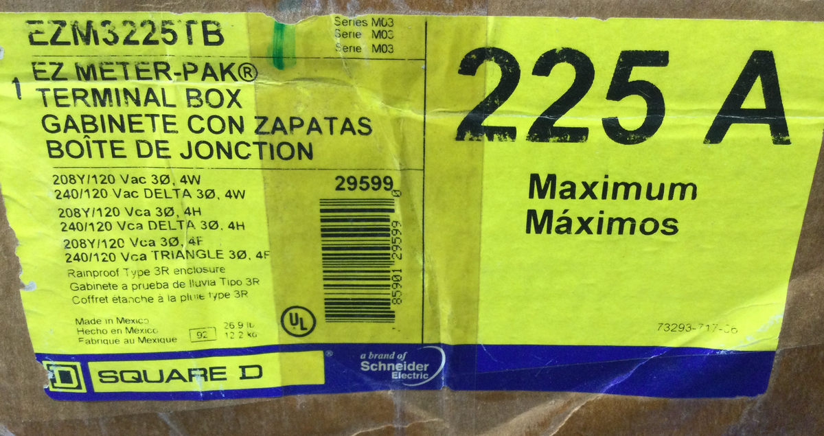 Square D EZ Meter-PAK Terminal Box EZM3225TB Series M03, 225 A, 208/12