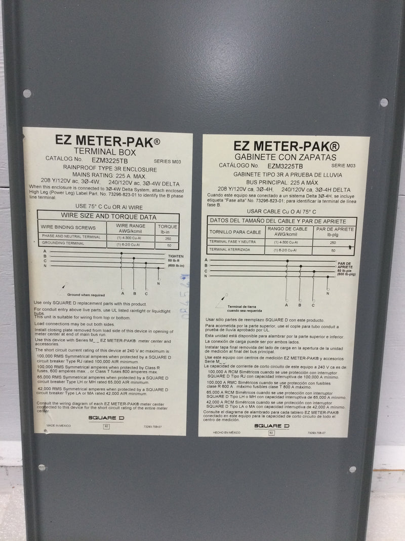 Square D EZ Meter-PAK Terminal Box EZM3225TB Series M03, 225 A, 208/120V Type 3R