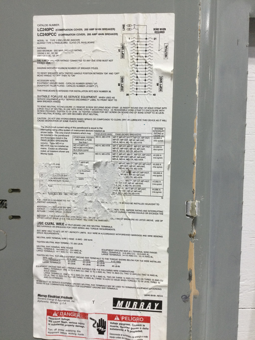 Murray Panel Box Murray LC240PC/PCC Model 18 Type 1 Enclosure Cover/Door Only 40 Space