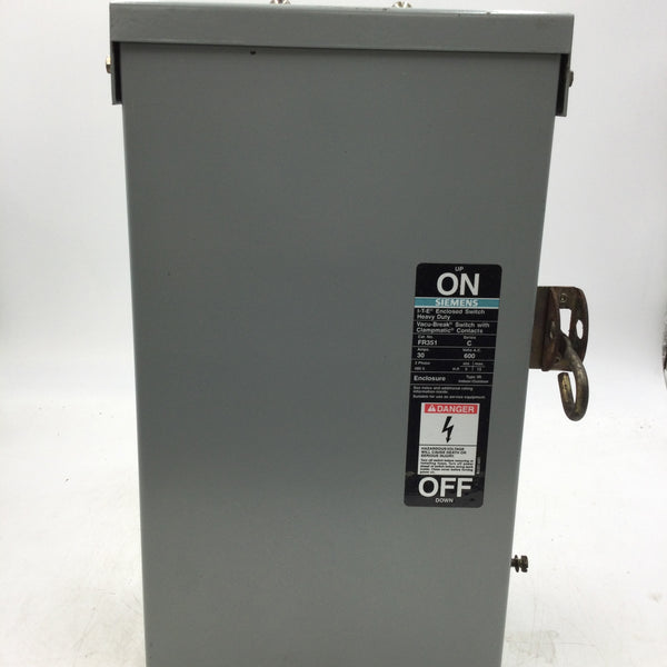 Siemens FR351 30 Amp 600Vac 3 Phase Nema 3R Heavy Duty Enclosed Switch