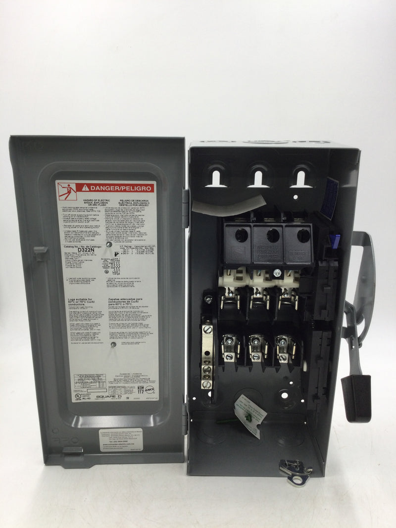 Square D D322N 3 Pole 60 Amp 240VAC Fusible Nema1 Safety Switch