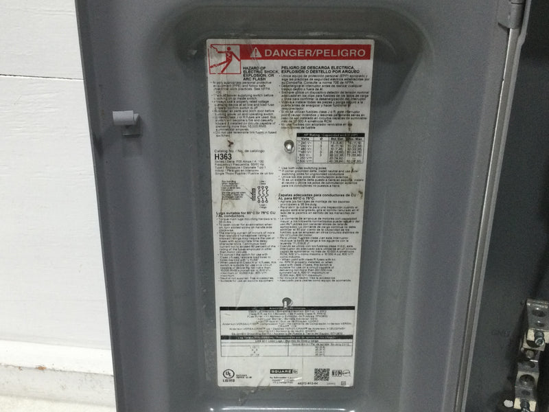 Square D H363 100 Amp 3 Pole 600V Fused Heavy Duty Safety Switch 21 7/8" x 11"