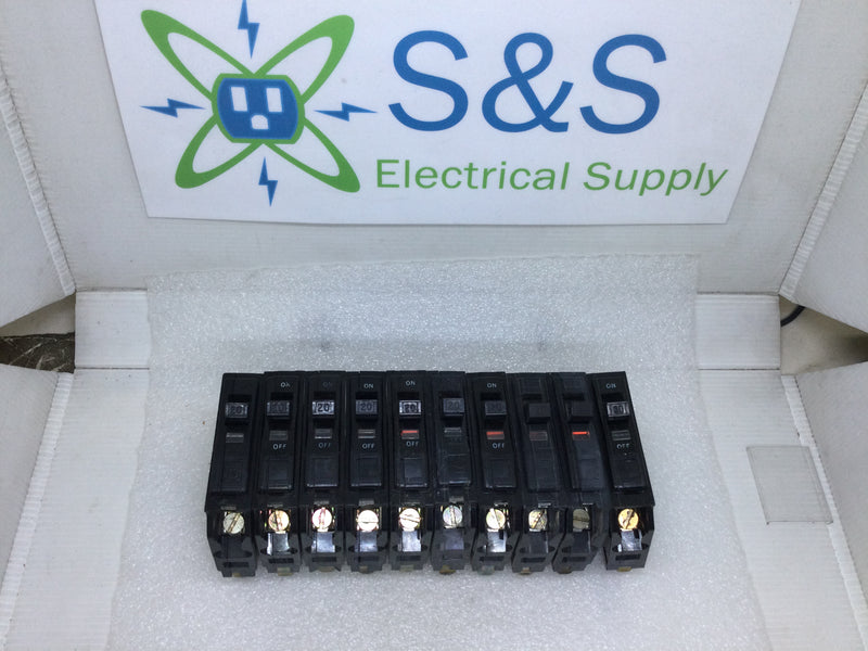 Lot of 10 - Square D QOB120 20 Amp 1 Pole 120/240V Bolt On Circuit Breaker - Black Face