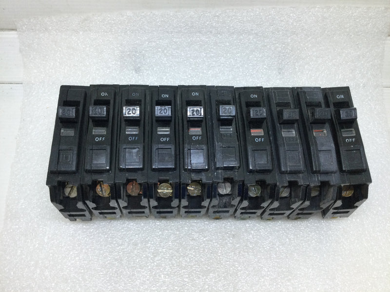 Lot of 10 - Square D QOB120 20 Amp 1 Pole 120/240V Bolt On Circuit Breaker - Black Face