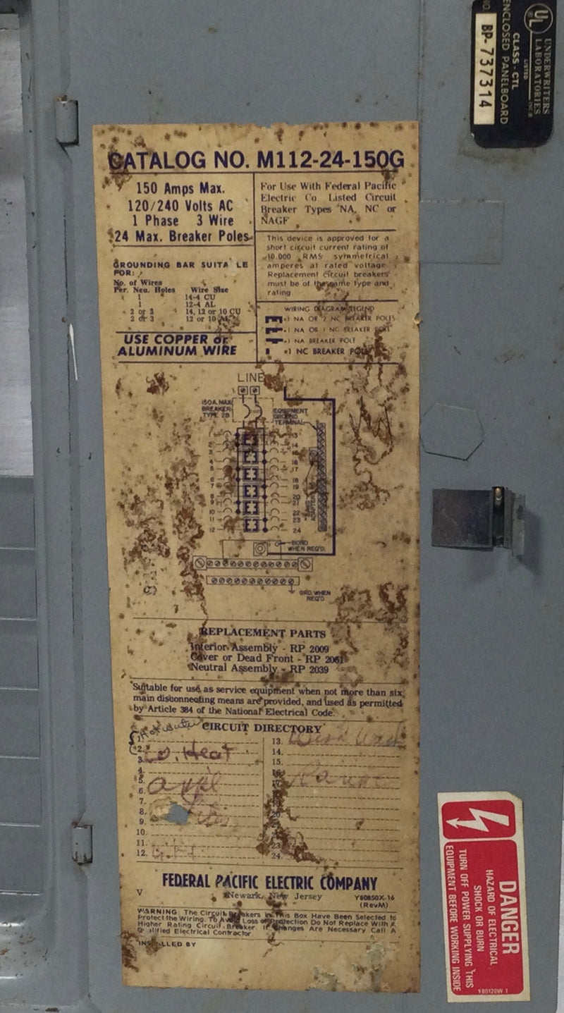 FPE M112-24-150G 150 Amp 24 Space 120/240V Panel Door w/Main 24" x 13 5/8"