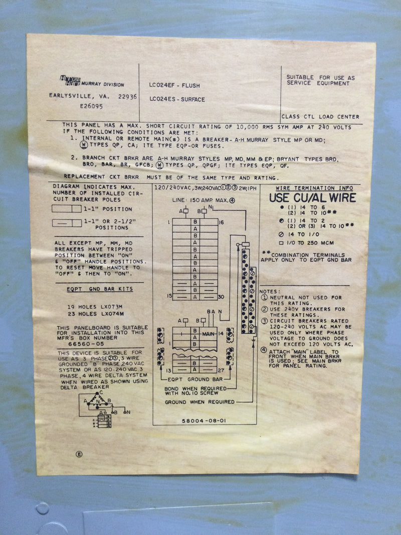 Murray LC024EF/S 150 Amp 28 Space 120/240V Panel/Door Only 25 1/2" x 14 1/2"