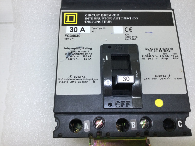 Square D FC34030 30 Amp 3 Pole 480V Type FC I Line Circuit Breaker