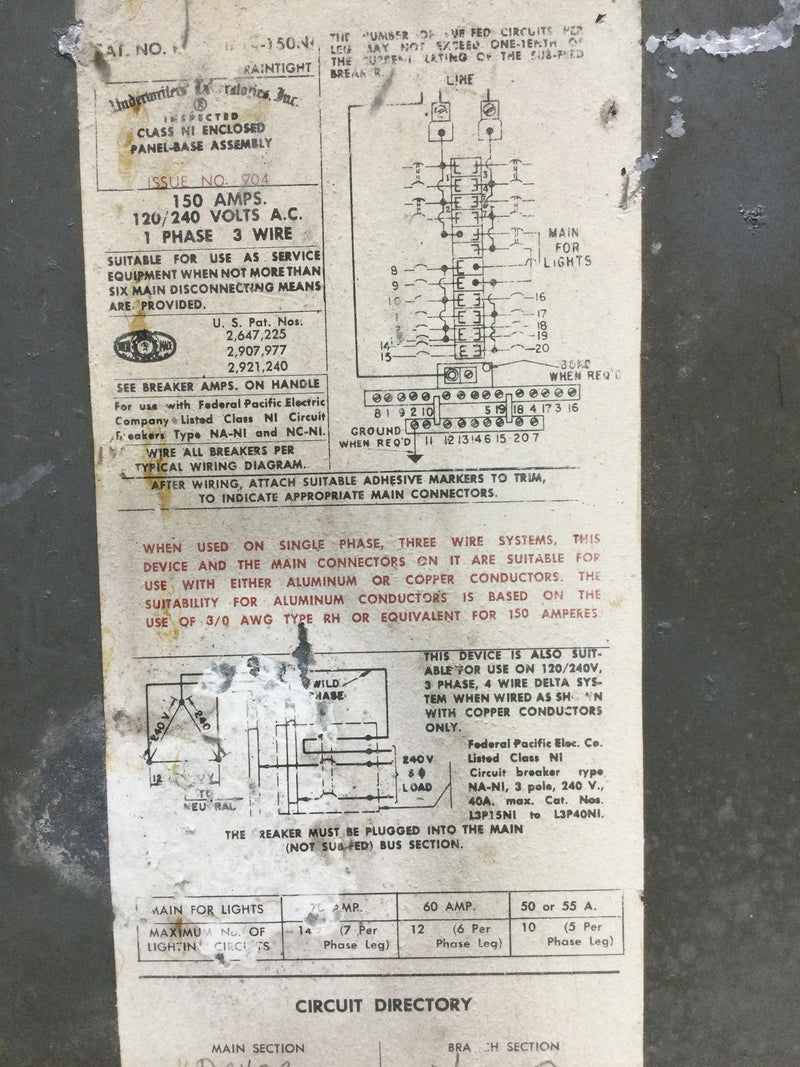 FPE Federal Pacific Cover Only 150 Amp 120/240V 1 Phase 3 Wire Nema 3R 24" x 12"