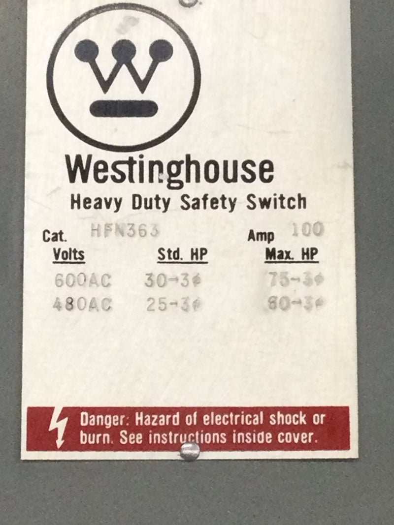 Westinghouse HFN361 30 Amp 600 Volt 3PH 3W Fused Vintage Disconnect