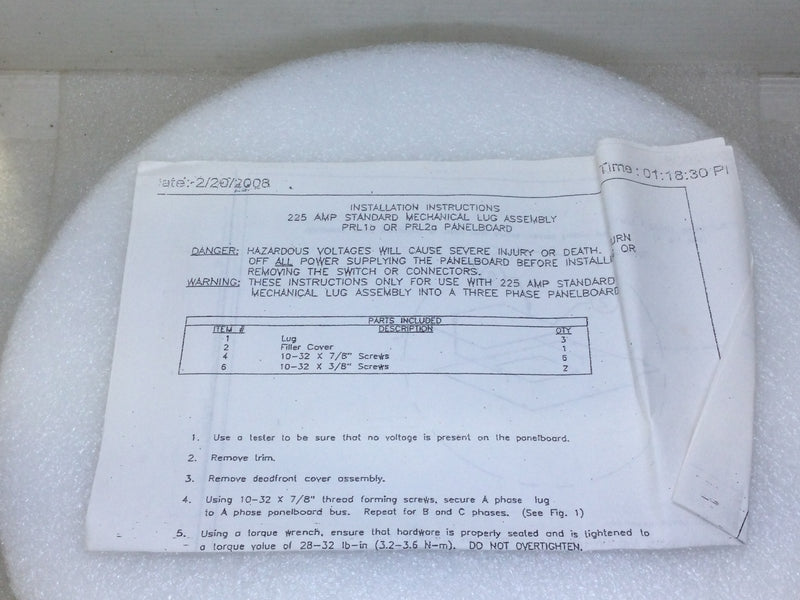 Eaton LUGKIT225 225 Amp PRL1a/2a Main or Through Feed Lug Kit