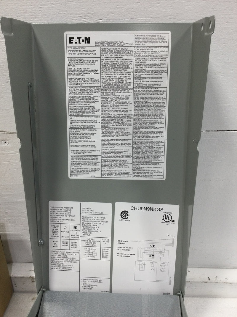 Eaton CHU9N9NKGS 125 Amp 1 Phase 3W 120/240V Surface Mount Power Outlet Panel