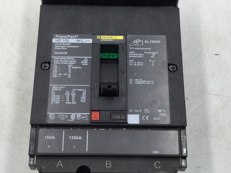 Square D HGA36150 3-Pole 150 Amp 600V PowerPact I Line Circuit Breaker