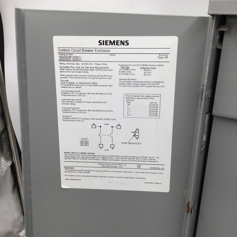 Siemens W0202MB1200CU/W0202ML1200CU 200 Amp 2 Pole Unit Outdoor Circuit Breaker Enclosure Panel Type 3R