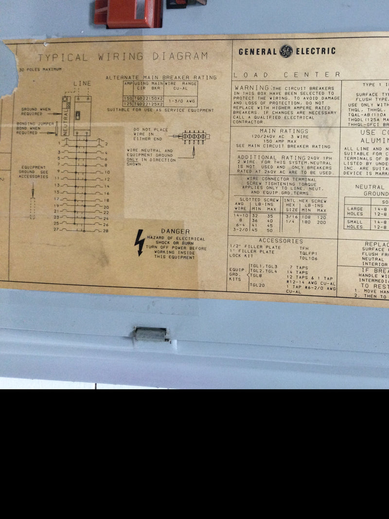 GE General Electric TM3015WS/WF With Main 150 Amp 240V Load Center Cover/Door Type 1 30 Space 34 5/8" x 15 3/8"
