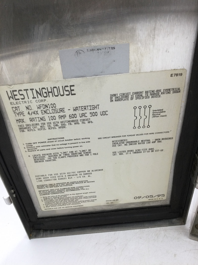 Westinghouse WFDN100 Type 4/4X Circuit Breaker Enclosure Stainless Steel