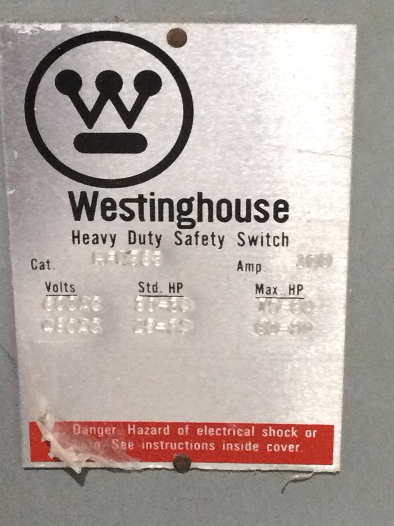 Westinghouse HFN363 100 Amp 600V 3 Phase Fused Indoor Disconnect