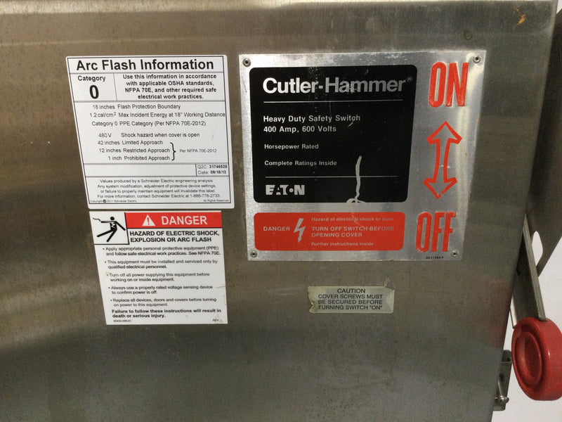 Cutler Hammer DH365FWK-SS 400 Amp Type 4/4X Enclosure 600V 3 Pole Heavy Duty Safety Switch