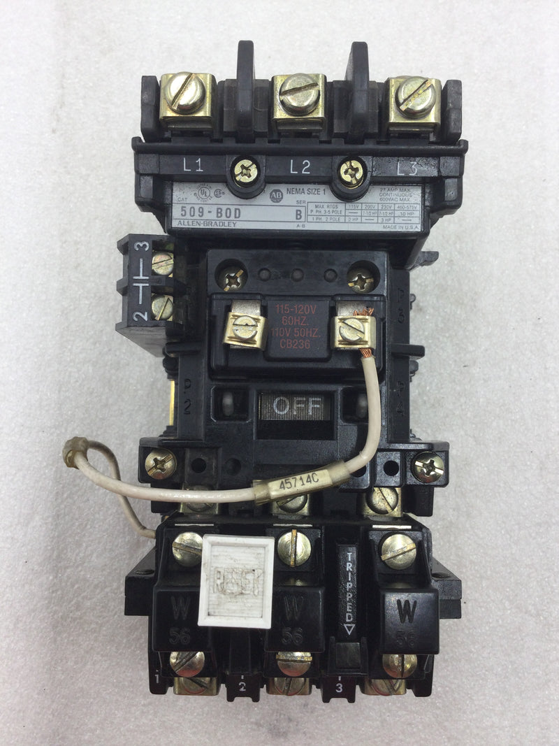 Allen-Bradley 509-BOD Starter Nema Size 1 3 Phase 27 Amp 600 VAC with Overload Relay with
