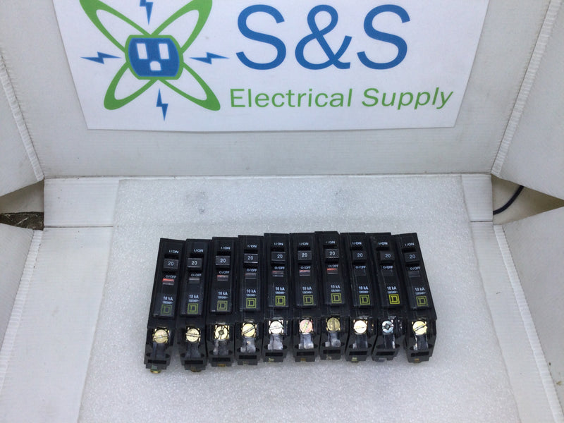 Lot of 10 - Square D QO120 Single Pole 20A 120/240VAC Type QO Circuit Breaker - Yellow Face White