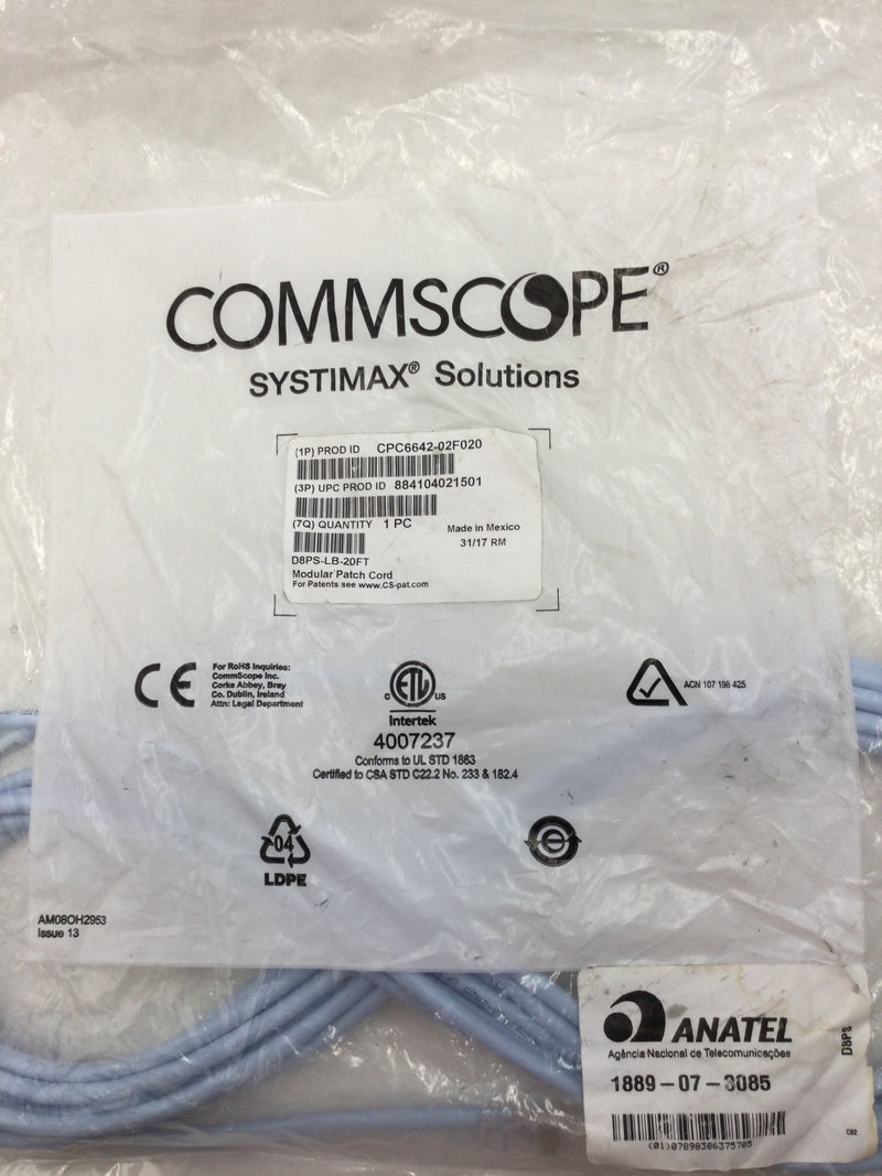 Commscope D8PS-LB-20FT, CPC6642-02F020 20 Ft RJ45 Patch Cord