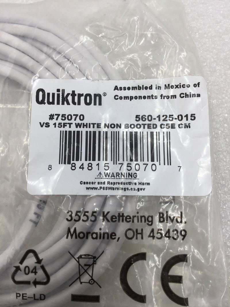 Quiktron 560-125-015 15 Ft Ethernet Cable Computer Network CAT5 RJ45 Internet White Non Booted C5E CM Patch Cord