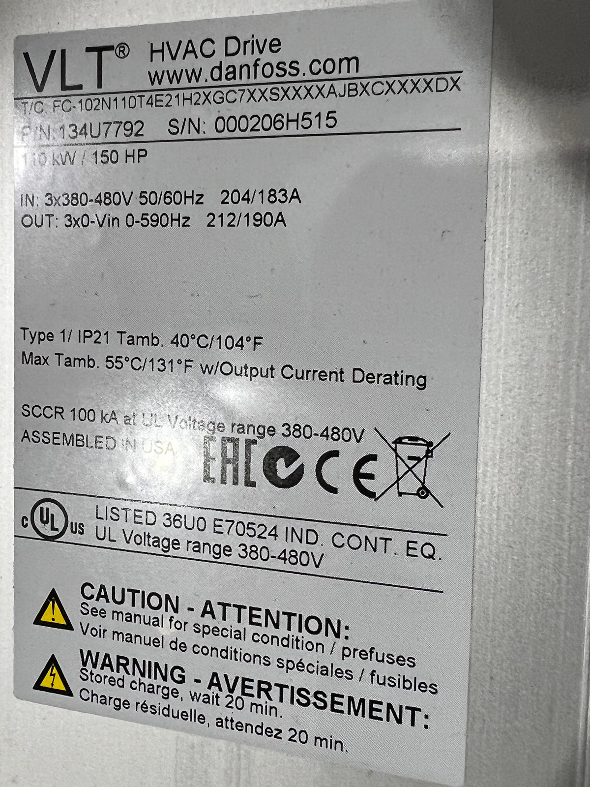 Danfoss VLT HVAC Drive FC-102N110T4E21H2XGC7XXSXXXXAJBXCXXXXDX, P/N: 1