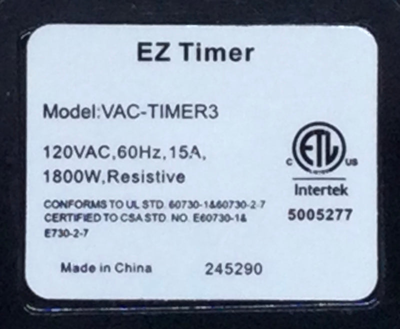Intertek VAC-TIMER3 15 Amp 120V 1800W Resistive EZ Timer