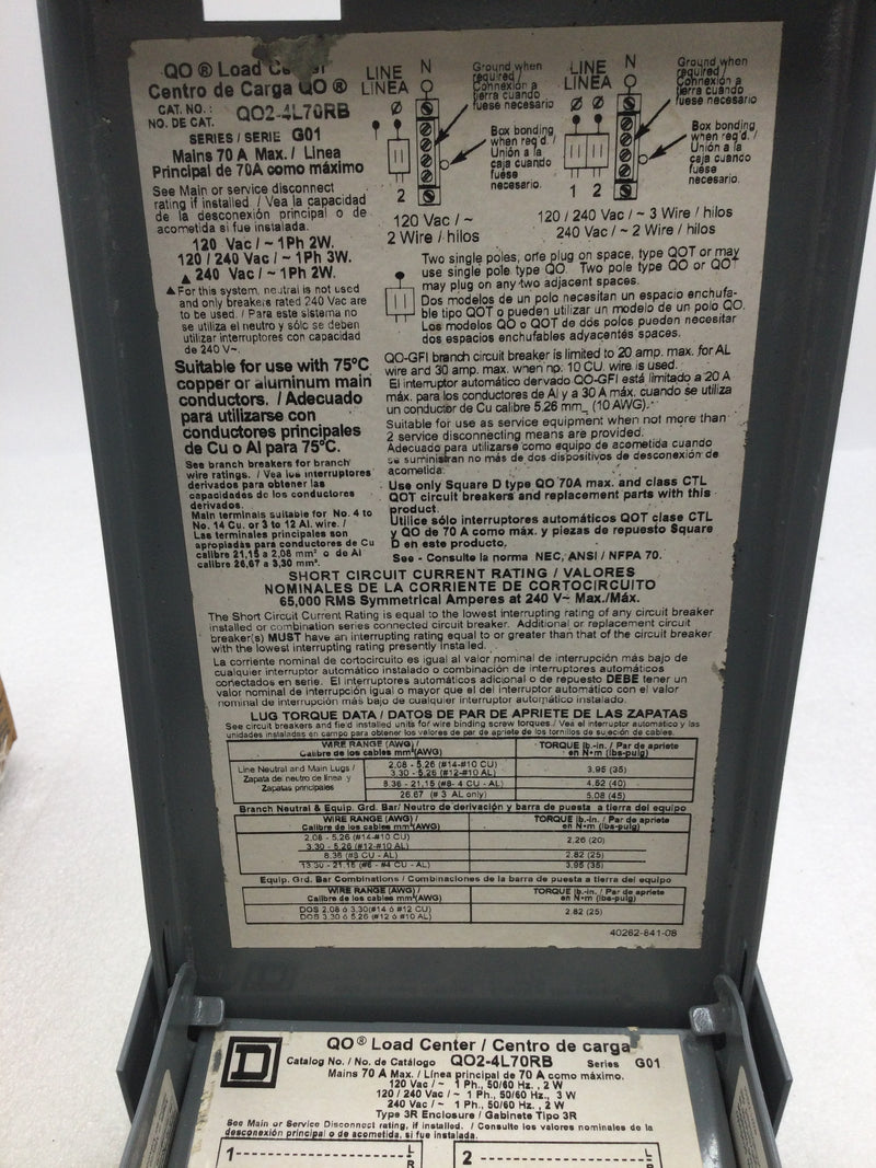 Square D QO24L70RB 70 Amp 120/240V 2/4 Circuit Main Lug Outdoor Load Center