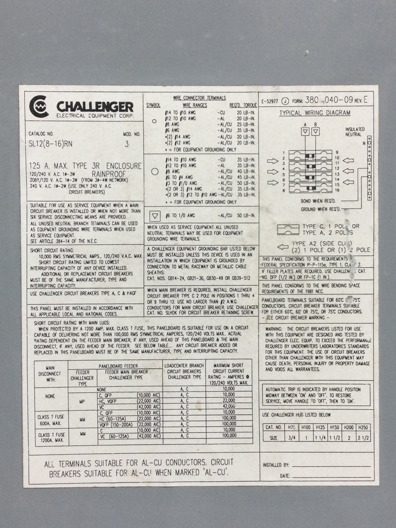 Challenger SL12(8-16)RN 125 Amp 8 Space 120/240V Panel Cover Only 15" x 11 3/8"