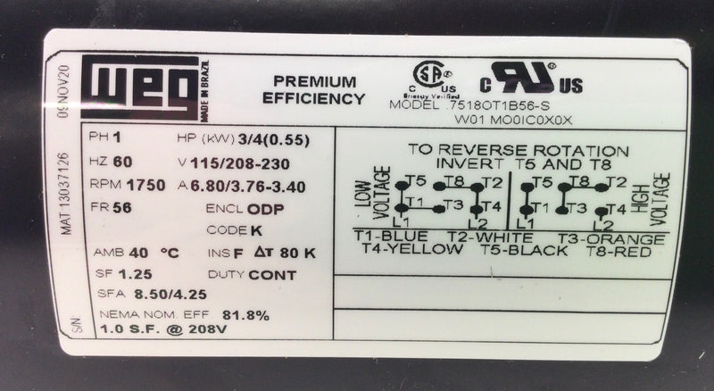 WEG .75180T1B56-S 40 Amp 1-Phase 230V Induction Electrical Motor