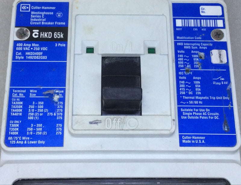 Westinghouse HKD3400F 400 Amp 3 Pole 600V Type HKD w/400A Trip Circuit Breaker