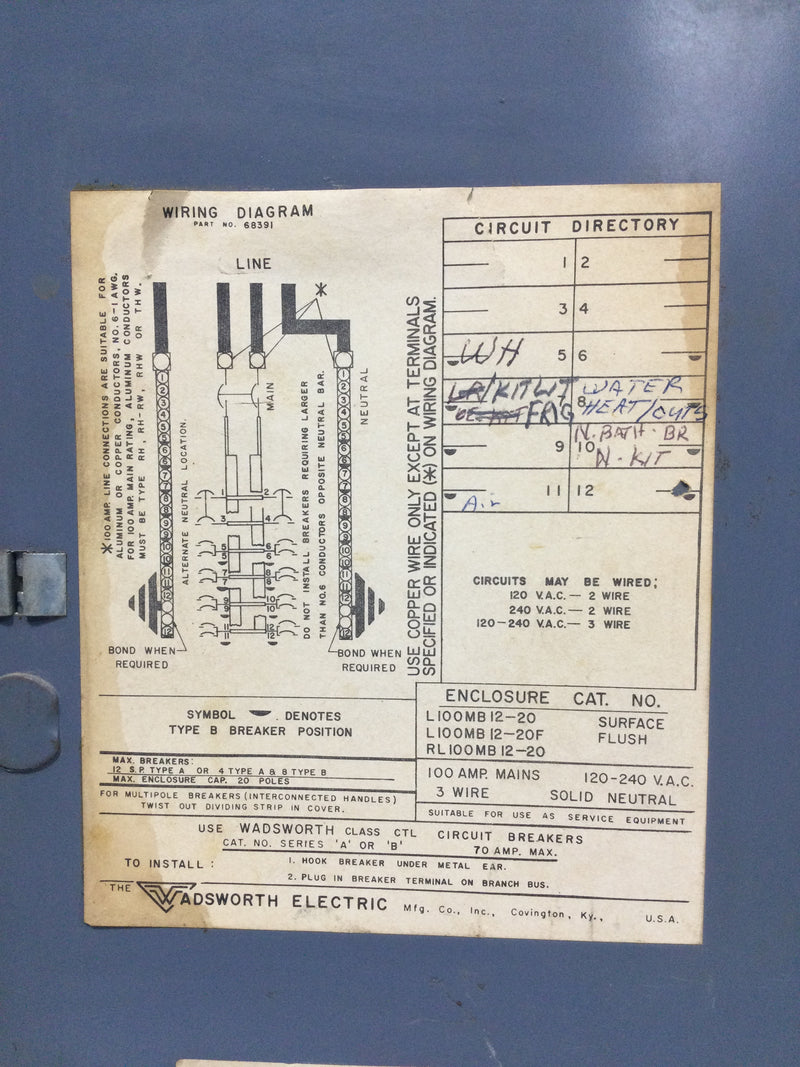 Wadsworth L100MB12-20 100 Amp 12 Space 120/240V Cover Door 18 3/4" x 12 3/8"
