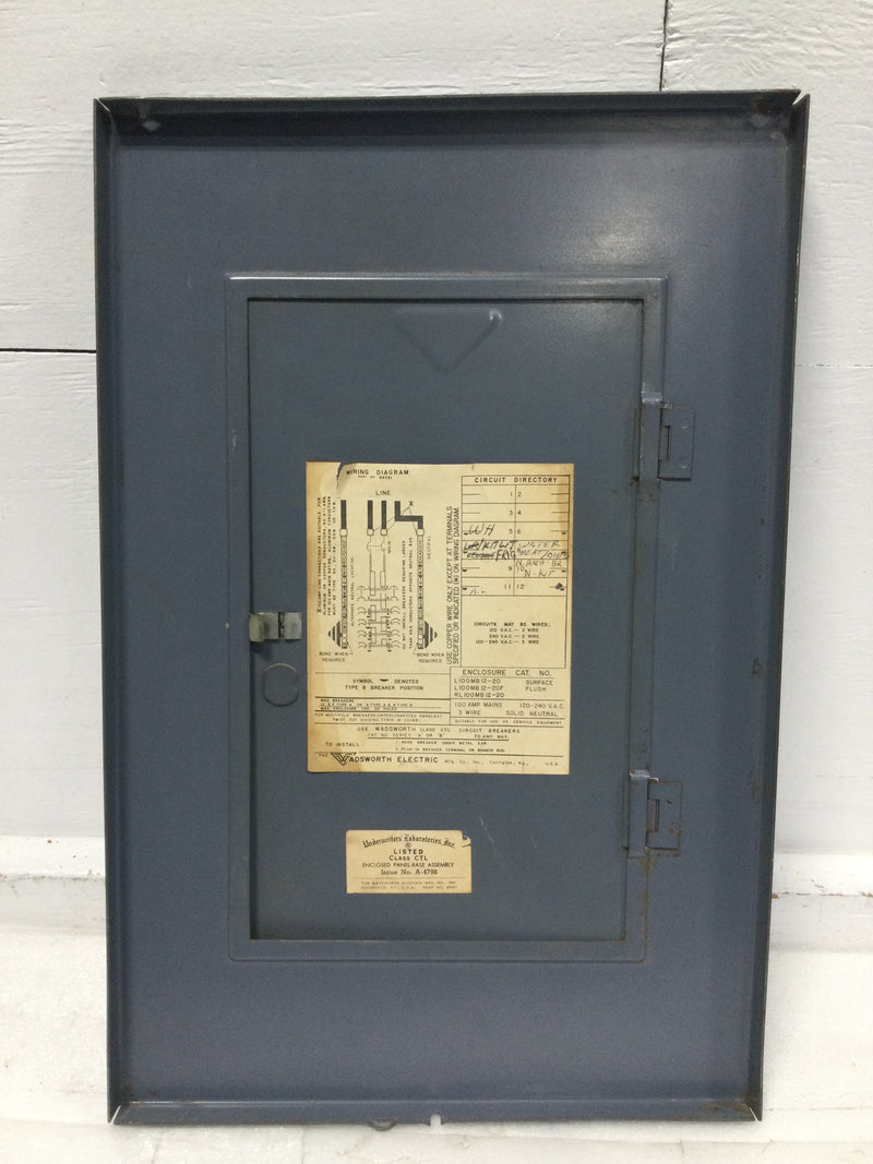 Wadsworth L100MB12-20 100 Amp 12 Space 120/240V Cover Door 18 3/4" x 12 3/8"