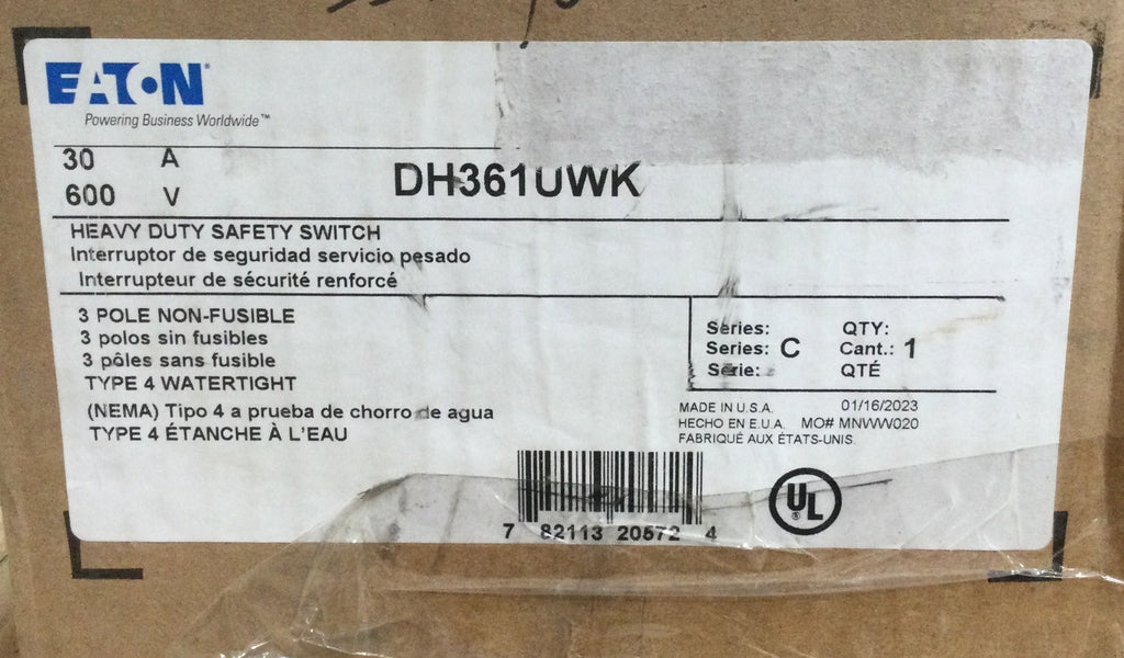 Chu361awk Eaton DH361UWK Heavy Duty Safety Switch, 30A, 600V, 3 Pole Non Fusible