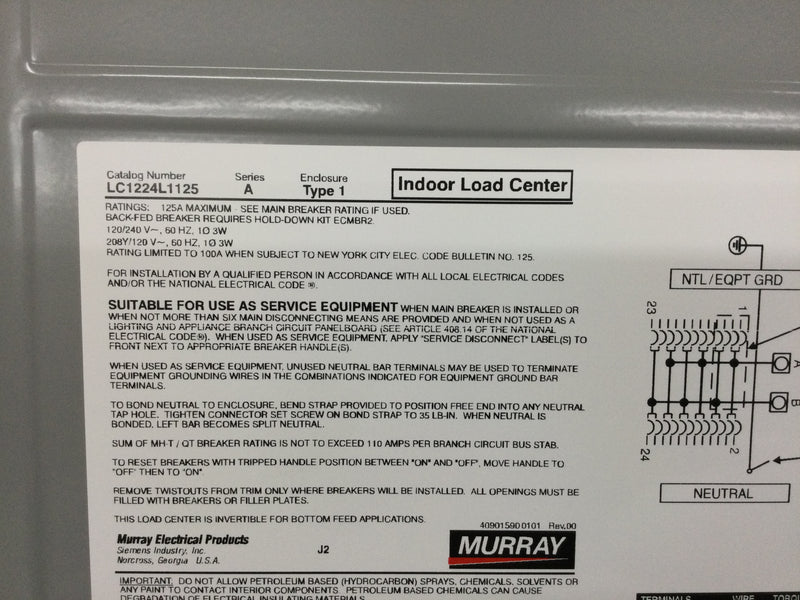 Murray LC1224L1125 125 Amp Main Lug Indoor 12 Spaces/24 Circuits 1 Phase 3 Wire 120/240V