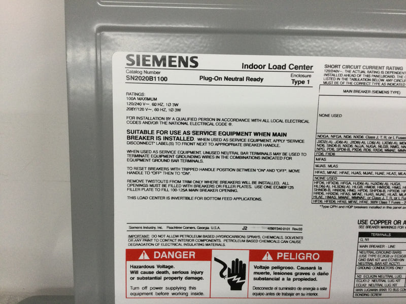Siemens SN2020B1100P1 SN Series Load Center 100 Amp 20 Spaces/20 Circuits 1 Phase/3 Wire 120/240 Volt, Value Pack
