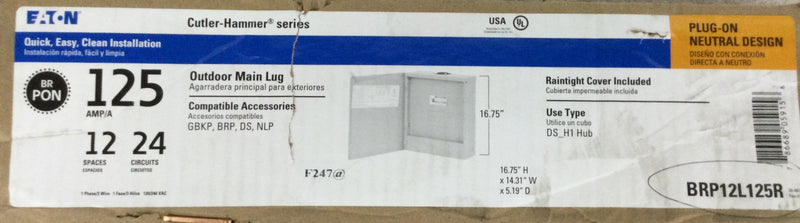 Eaton BRP12L125R 125 Amp 120/240V 1 Phase/ 3 Wire Main Lug Load Center, Outdoor Mount, 12 space 24 Circuit