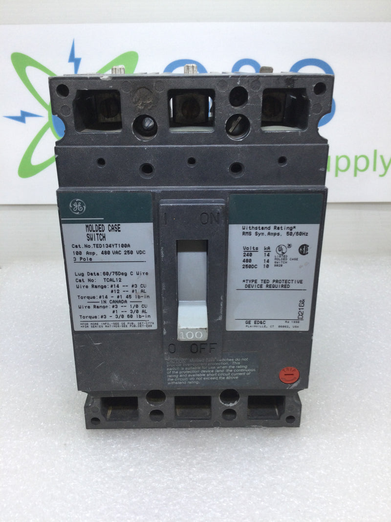 GE General Electric TED134YT100A 3 Pole 100A 480VAC Type TED Industrial Circuit Breaker