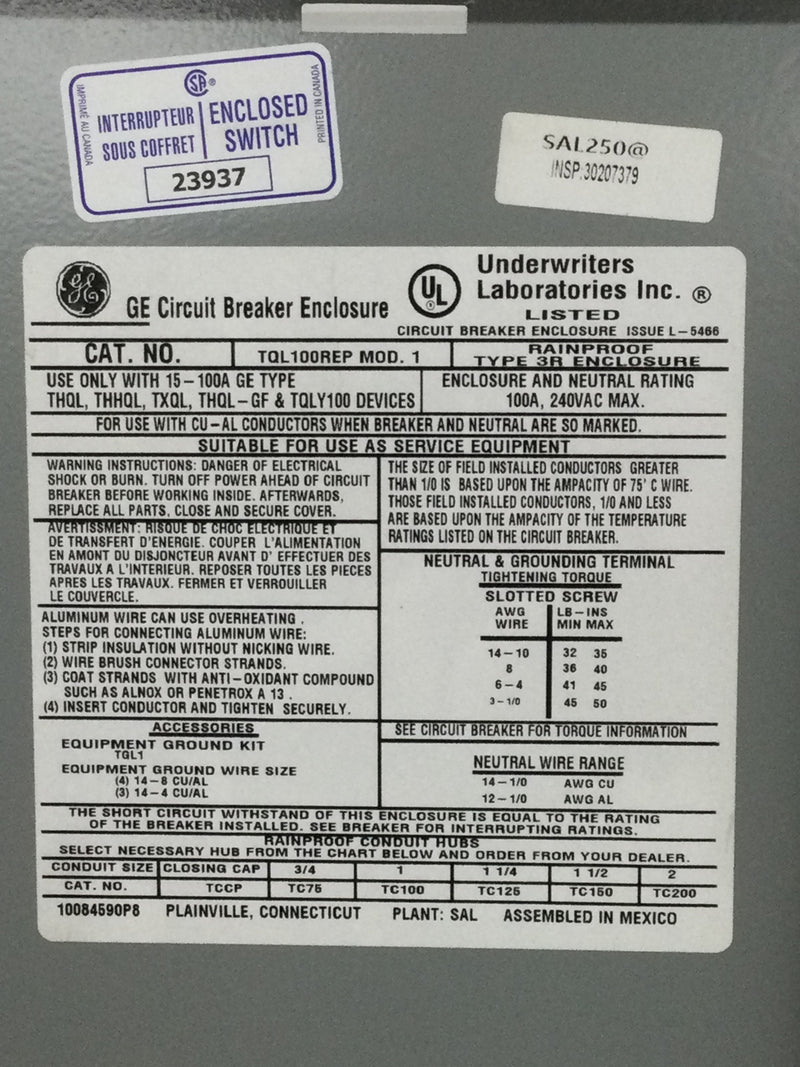 GE General Electric TQL100REP 100 Amp 240Vac Type 3R Enclosure