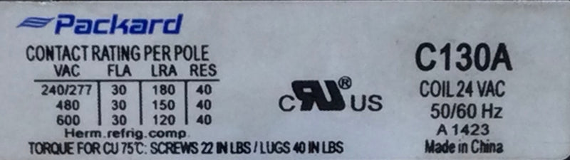 Packard C130A 30 Amp 2 Pole 240-600V 50/60Hz Contactor Coil