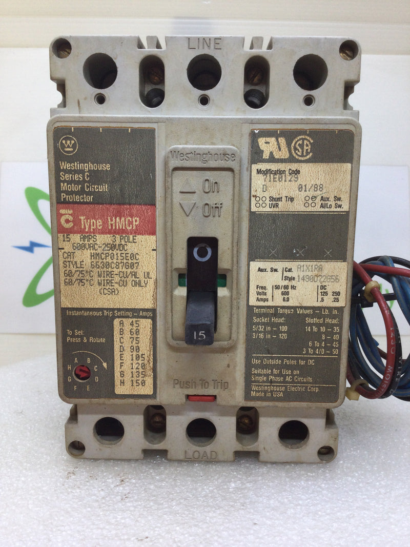 Westinghouse HMCP015E0C 15 Amp 3P 600v Breaker w/Aux A1X1RA 1490D72G56 6 Amp