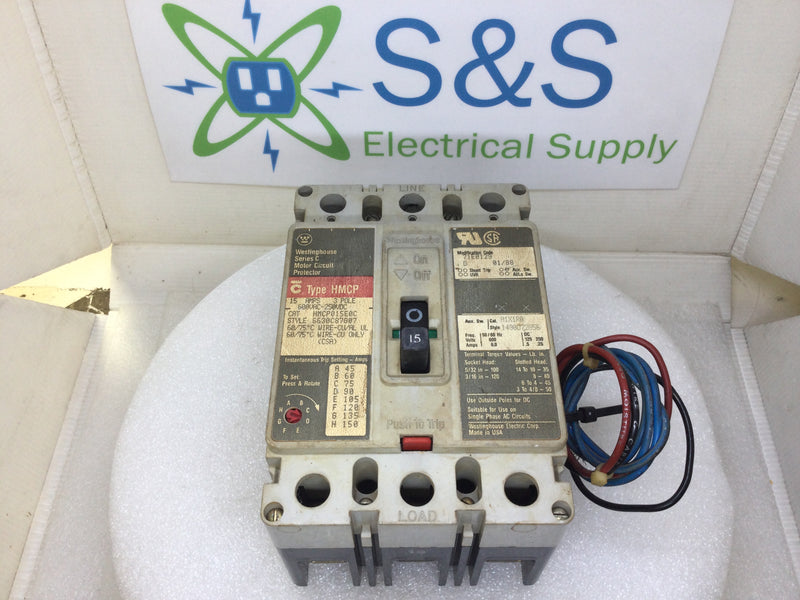 Westinghouse HMCP015E0C 15 Amp 3P 600v Breaker w/Aux A1X1RA 1490D72G56 6 Amp